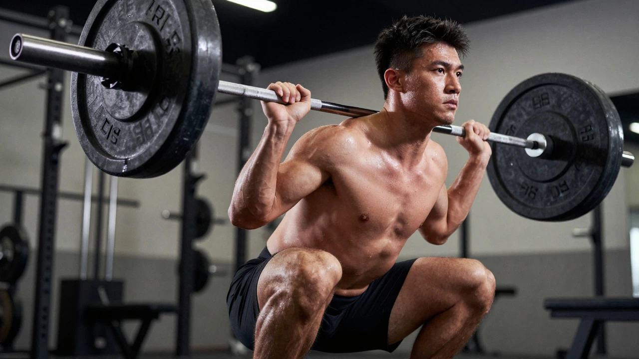 Close-up of an athlete lifting a heavy barbell during a squat, showing intense focus.