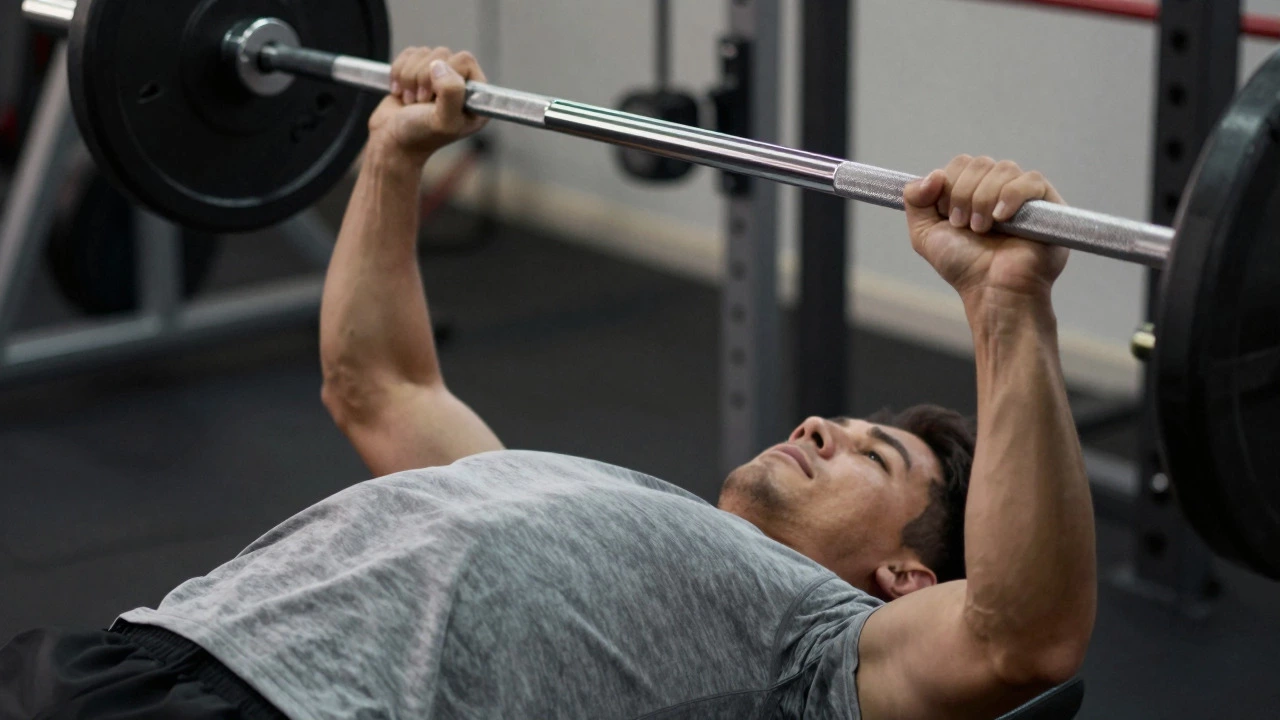 Close-up of hands performing a controlled barbell bench press with proper form and technique