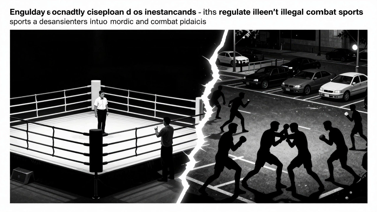 Conceptual art contrasting regulated boxing rings with street fights