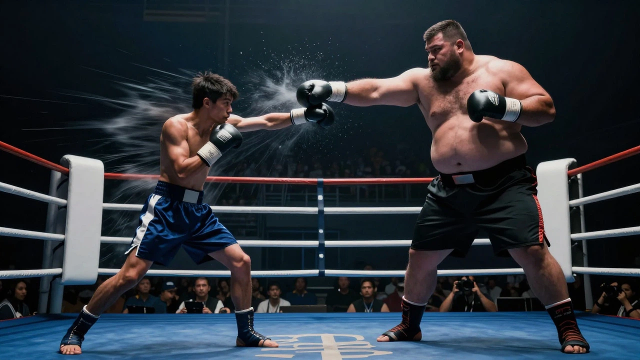 Contrast between a fast lightweight boxer and a powerful heavyweight.
