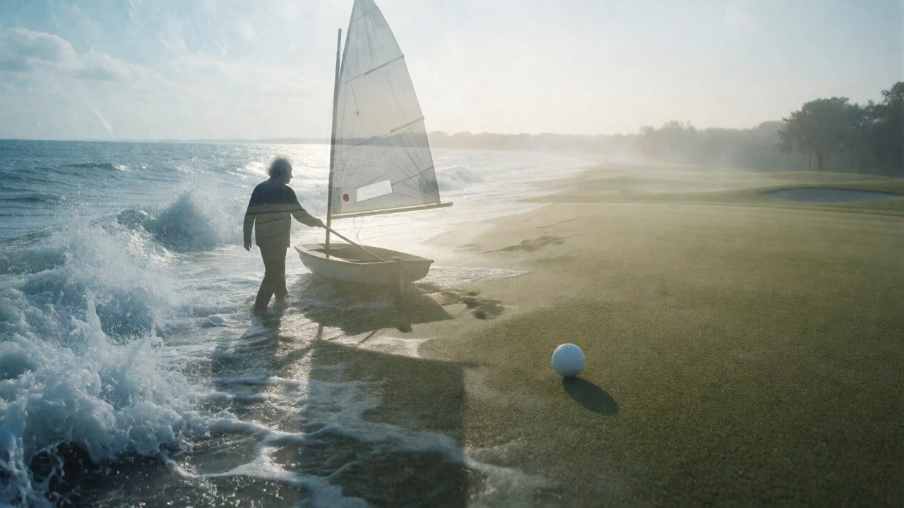 Double exposure of Einstein sailing and an empty golf fairway.