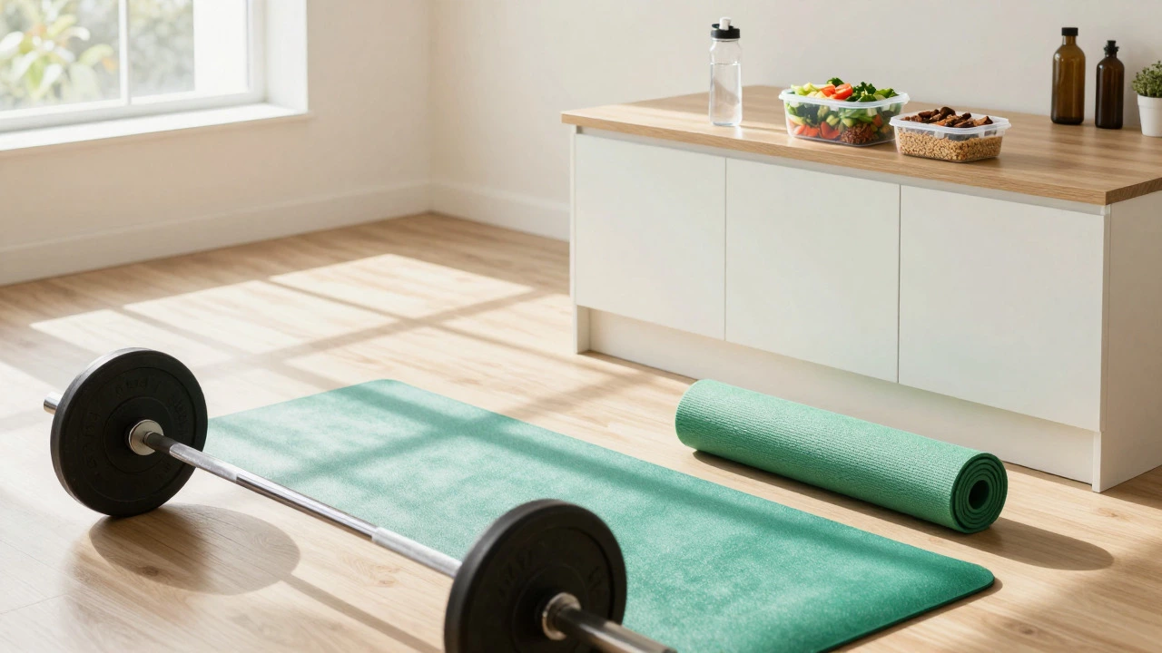 Healthy meal prep and gym equipment representing holistic fat loss approach