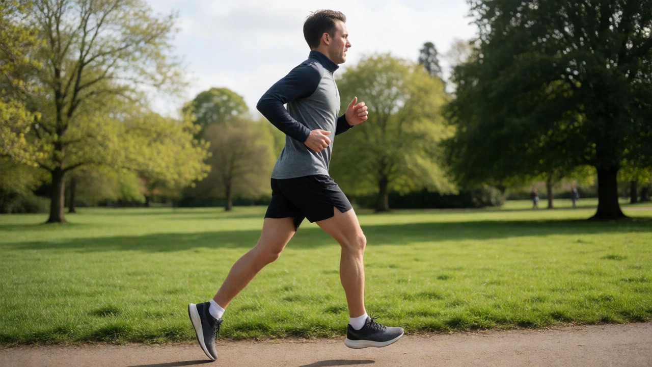 Intermediate runner jogging steadily along a green park path