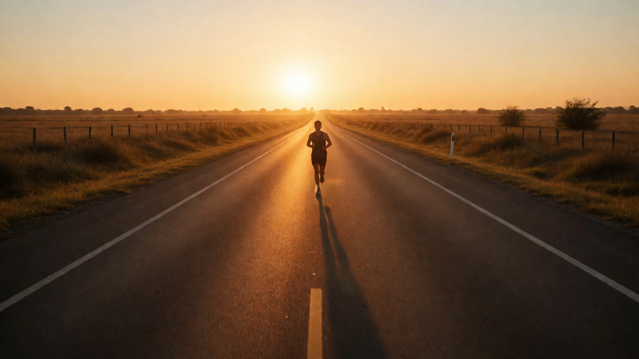Lone runner on a long road at sunset representing endurance