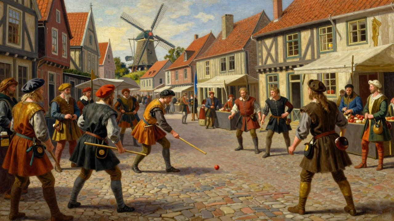 Medieval people playing a stick-and-ball game in a Dutch market square