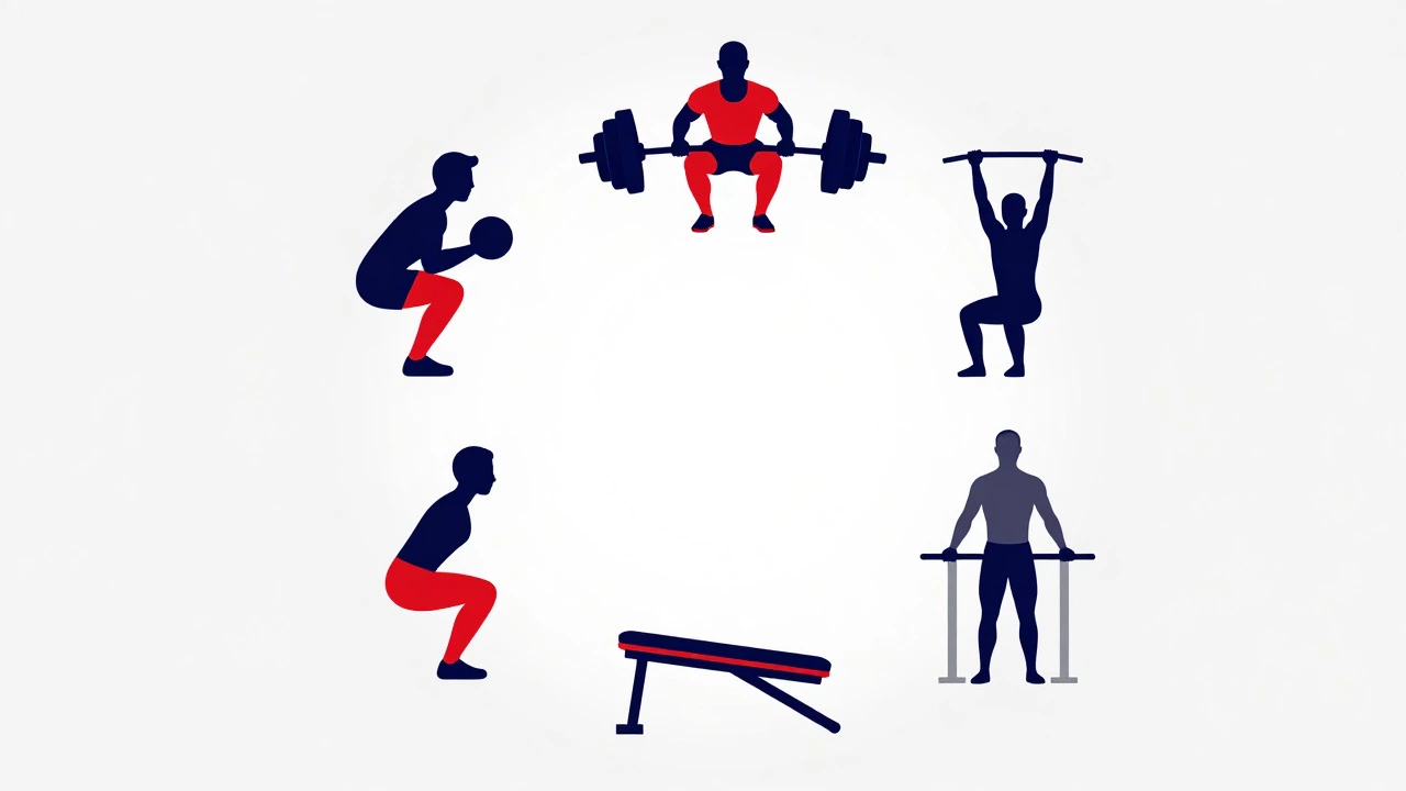 Minimalist graphic layout symbolizing six basic gym exercises in a circle.