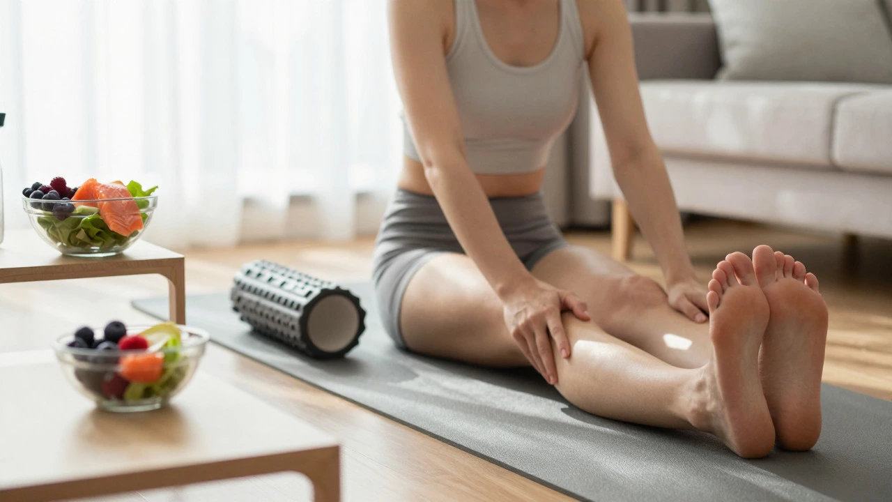 Runner doing gentle stretches at home with healthy food nearby