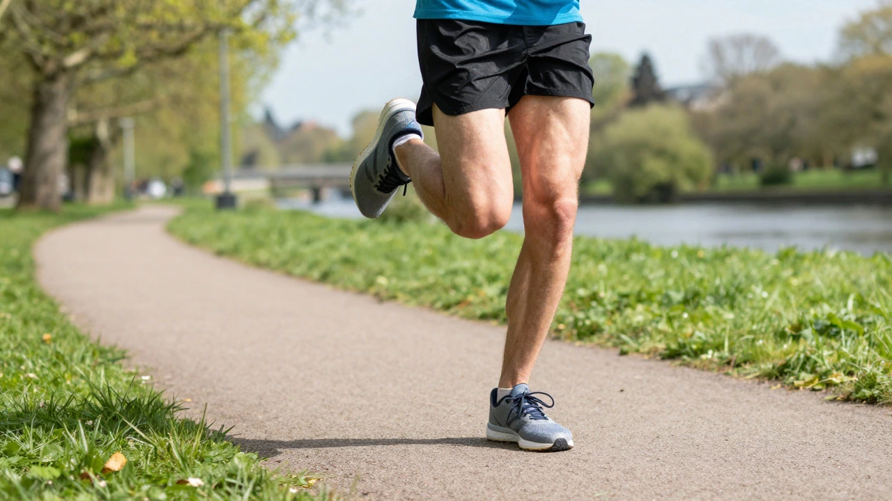 Runner performing calf raises in minimalist shoes on a grassy park path