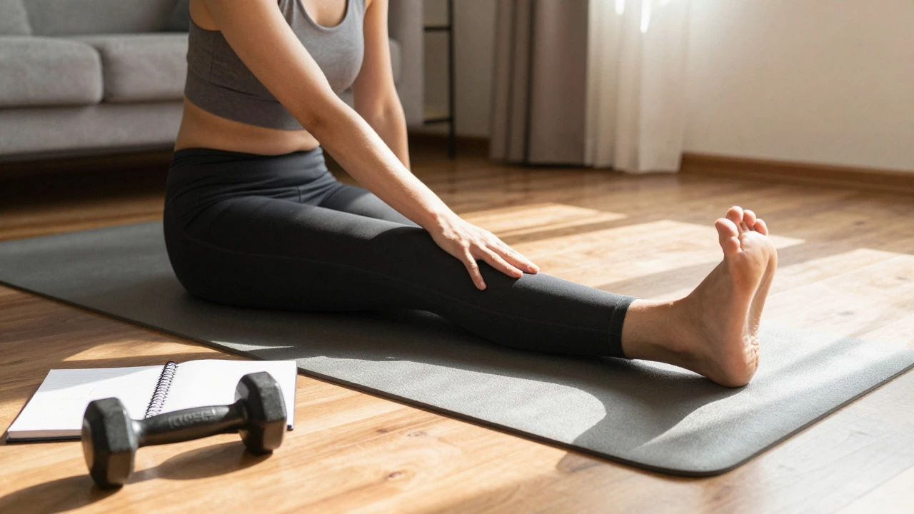Runner stretching and logging training data indoors