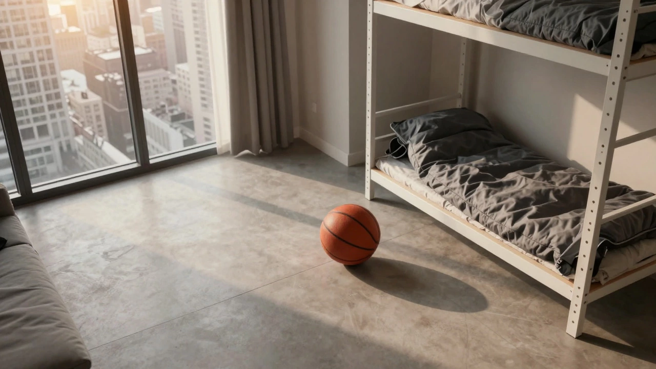 Split view showing a luxurious apartment versus a modest shared room, illustrating the financial gap in player salaries.