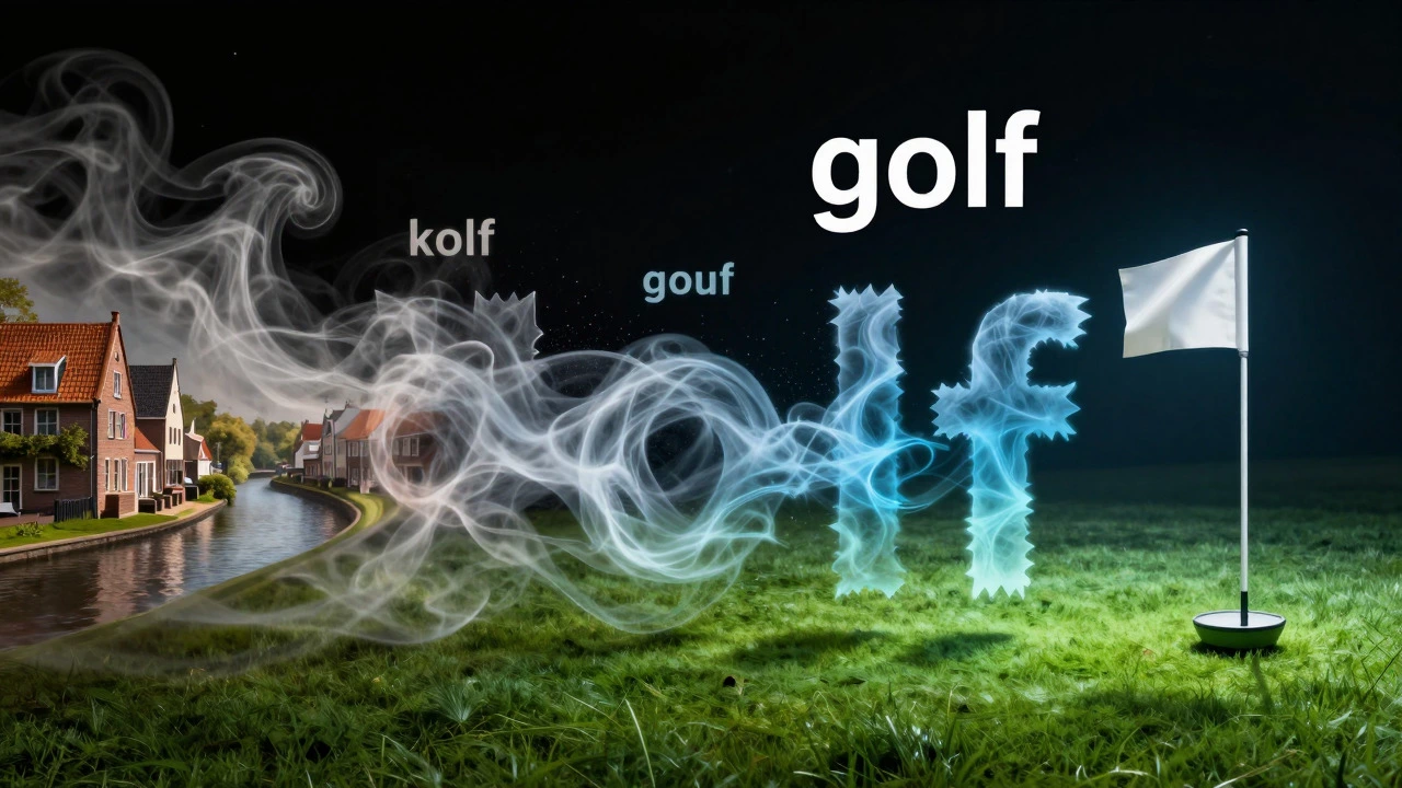 Surreal depiction of the word golf evolving from Dutch roots to modern form