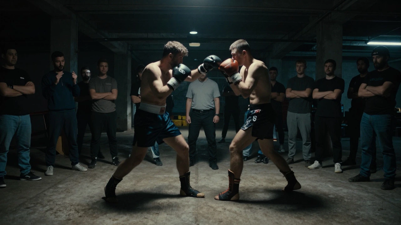 Underground boxing match taking place in a shadowy warehouse