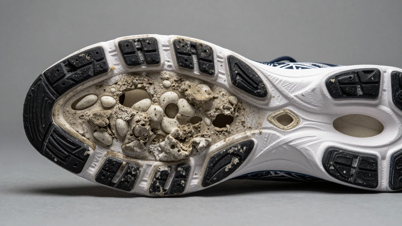 Worn out running shoe sole with holes in exposed foam