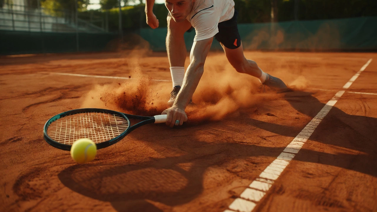 A tennis player sliding on red clay dust during a match at the French Open in Paris.