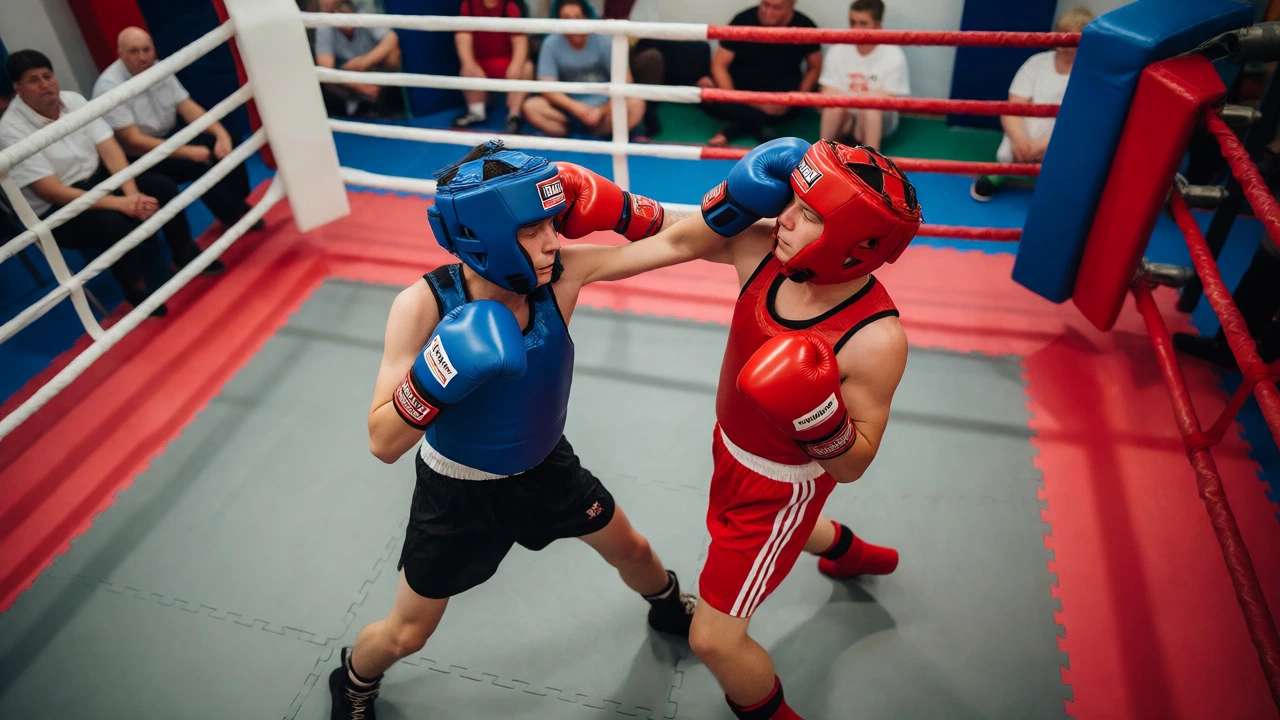 Amateur boxers in protective gear competing in a community hall bout