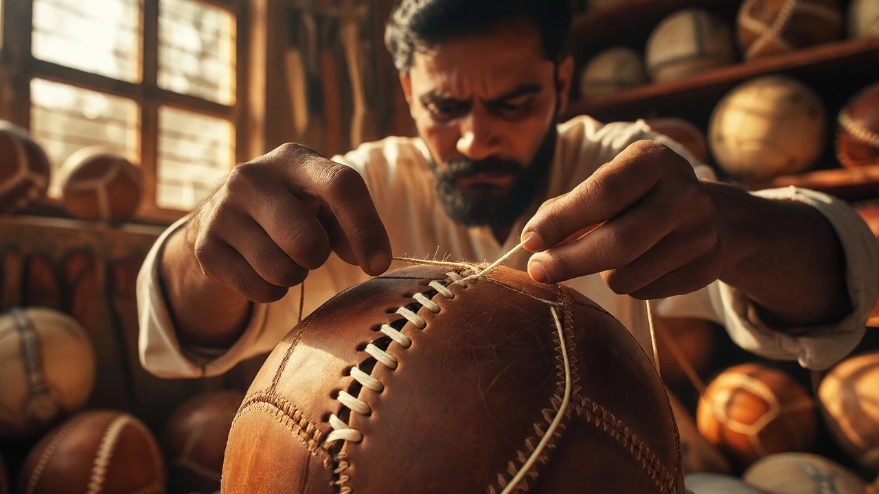 Artisan hands hand-stitching a leather football in a sunlit workshop in Pakistan.