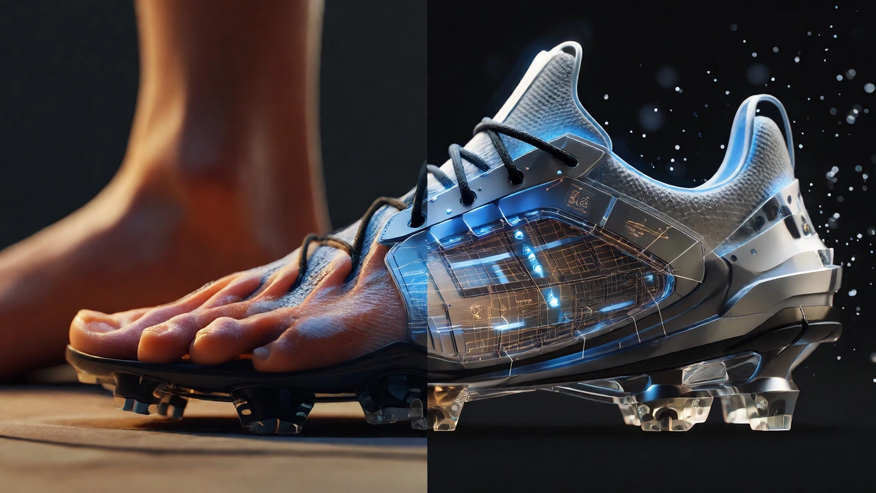 Artistic split view of a shoe transitioning from soft fabric to rigid mechanical gear.