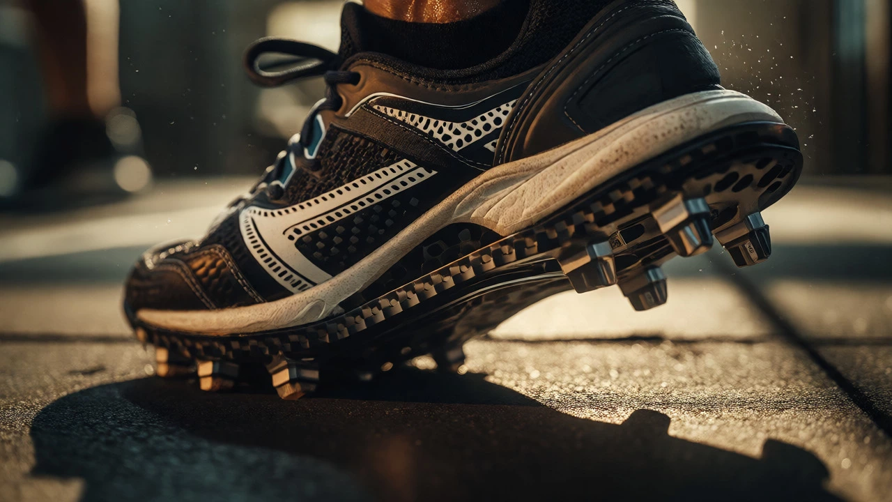 Close-up of a performance shoe gripping the ground during intense athletic activity.