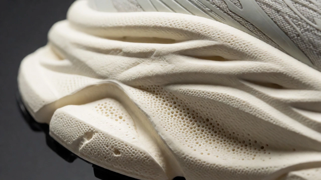 Close-up of a thumb pressing into the compressed foam midsole of an old Hoka shoe.
