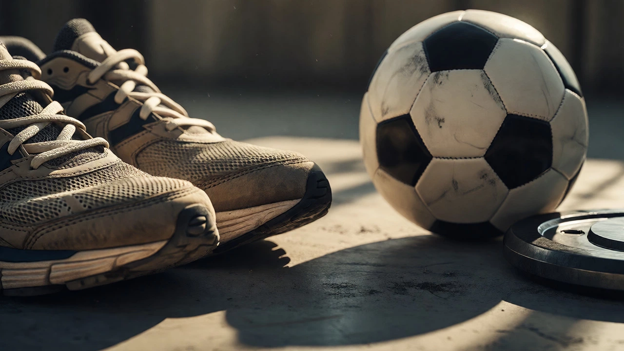 Close-up of worn running shoes next to a new soccer ball and weight plate on a concrete floor.