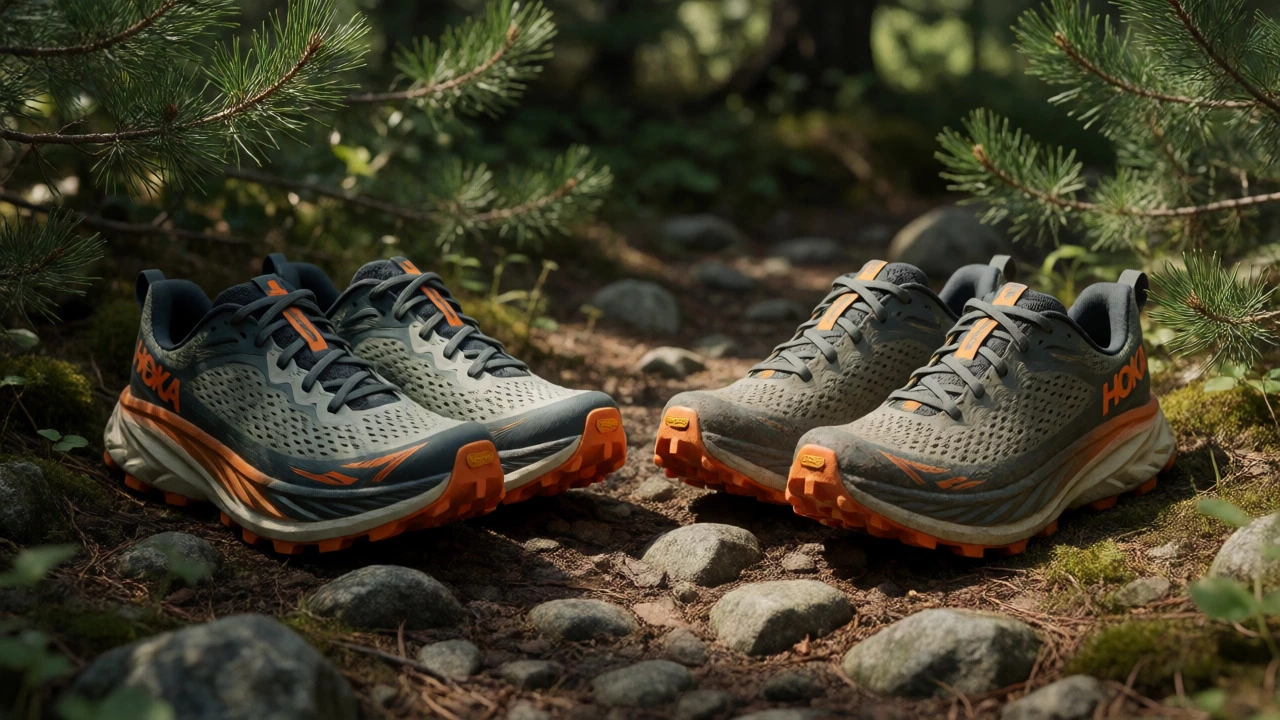 Comparison of new and worn Hoka Speedgoat trail shoes on a rocky forest path.