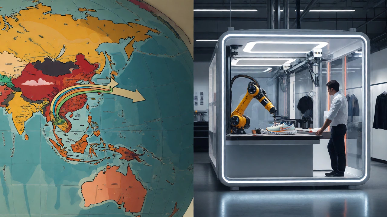 Conceptual art contrasting global supply chains with local automated shoe factories.