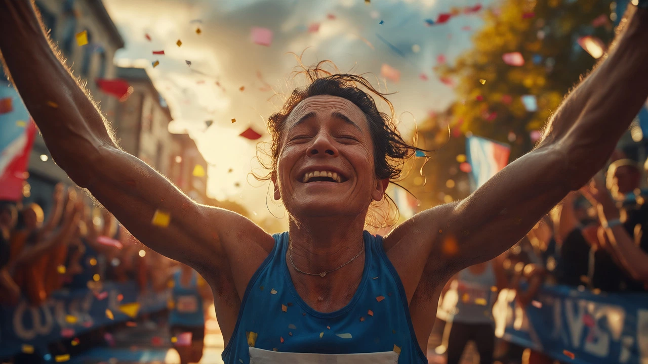 Exhausted first-time marathoner celebrating as they cross the finish line.