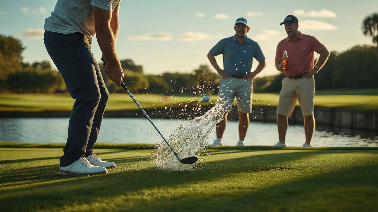 Golfer hitting a ball into a water hazard while friends react with beers in hand.
