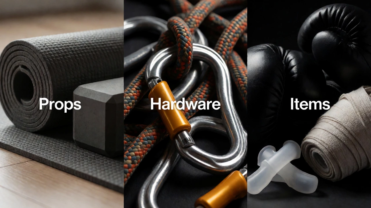 Macro shots of yoga props, climbing hardware, and boxing items side-by-side.