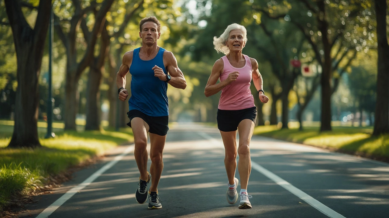 Male and female runners of different ages competing side-by-side on a scenic course.