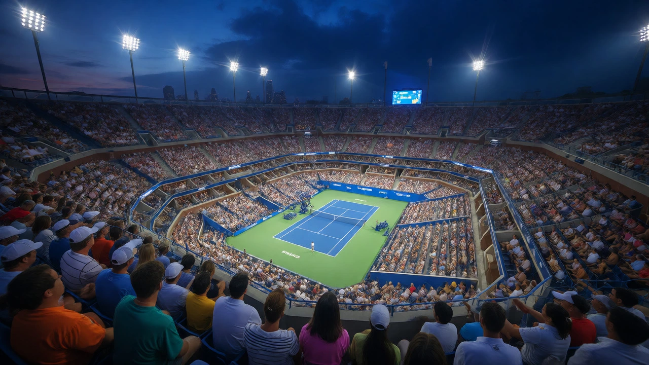 Nighttime tennis match at US Open with large crowd and city lights in background.