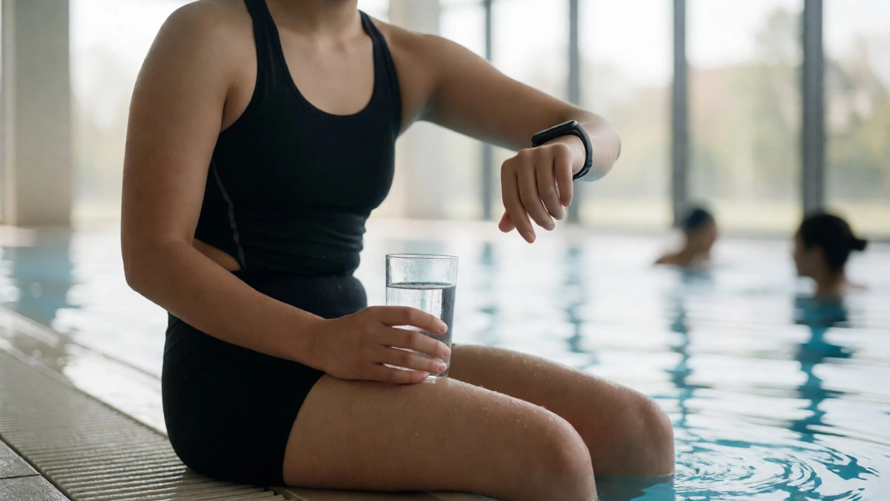 Person resting on pool edge checking fitness tracker