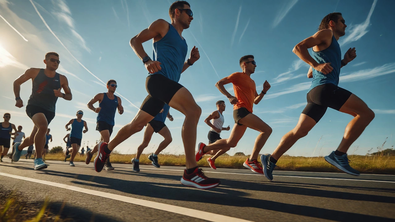 Runners maintaining steady pace on flat road during marathon race