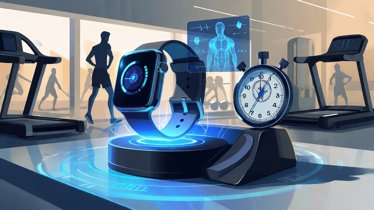 Smartwatch on a charger with holographic health data overlays, contrasting with gym equipment.