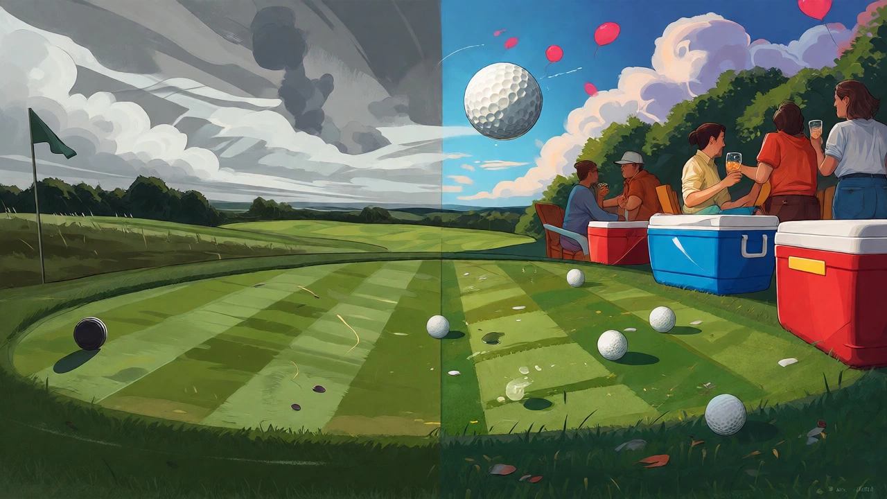 Surreal split image contrasting a quiet golf tee box with a lively drinking game scene.