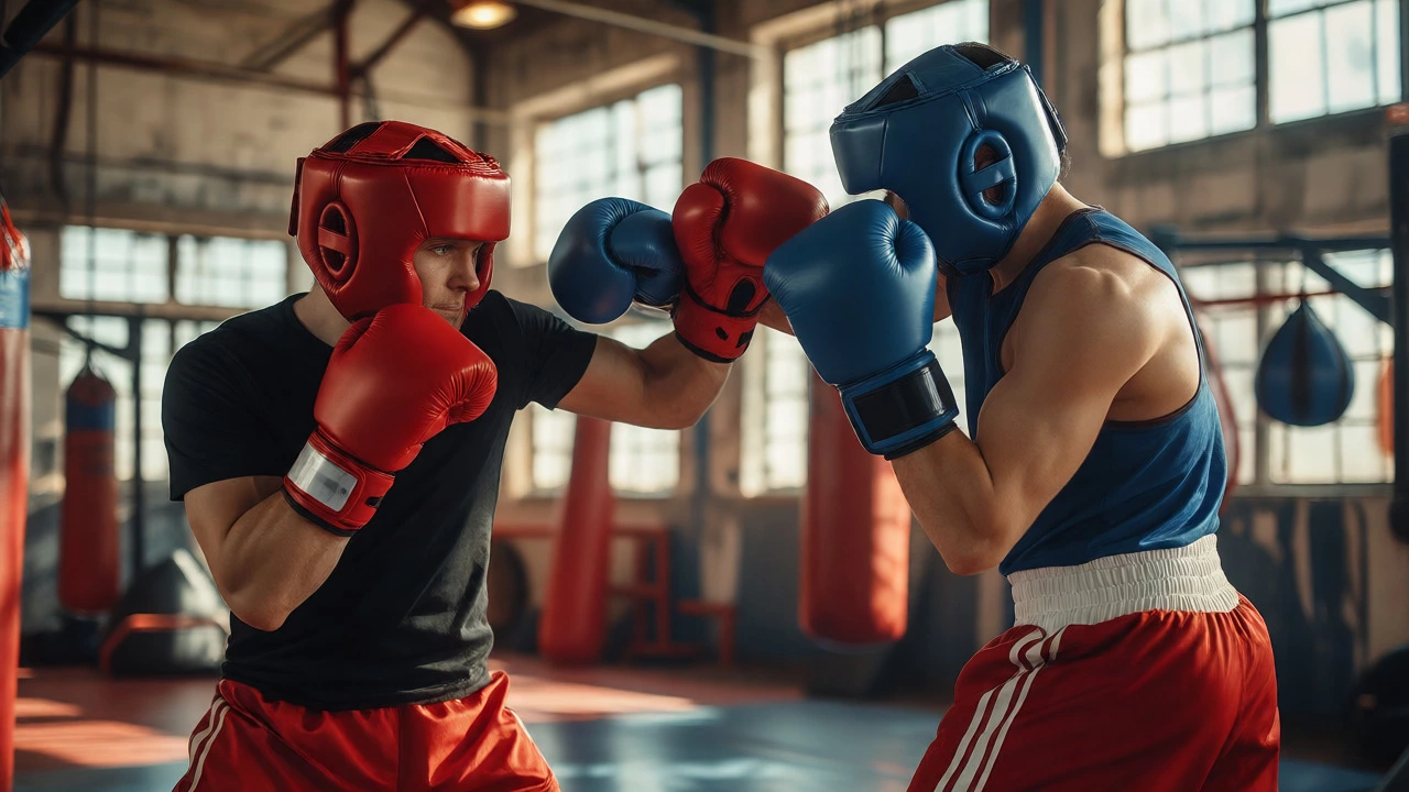 Two athletes wearing headgear and gloves sparring technically in a boxing gym