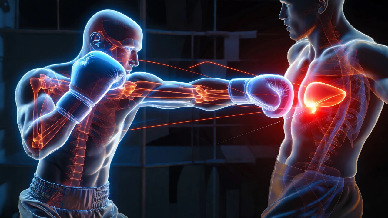 Abstract visualization of a boxing combo targeting the liver.