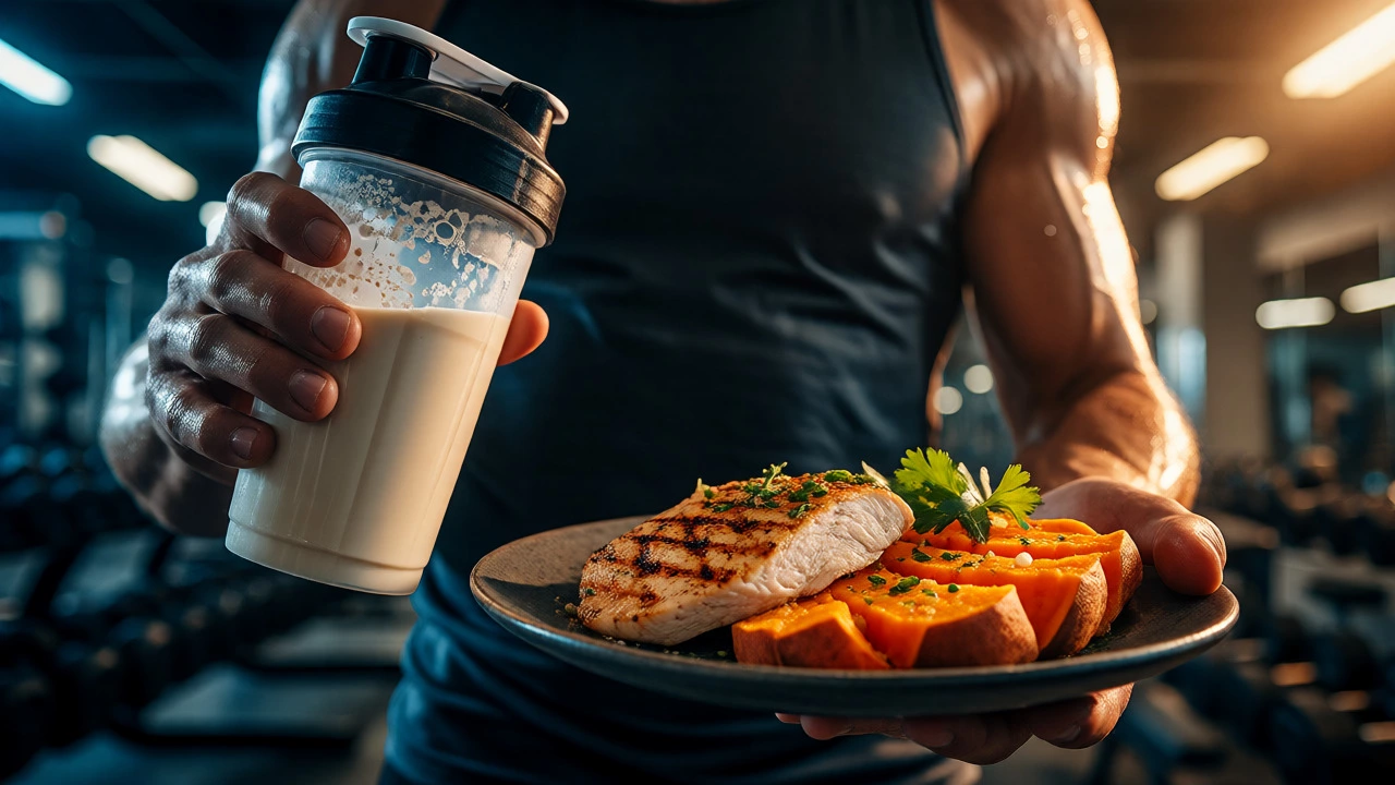 Athlete holding protein shake and healthy meal in gym