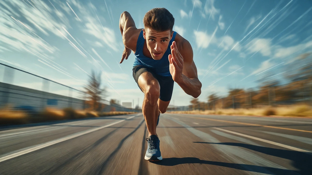 Athlete sprinting with determination on open road