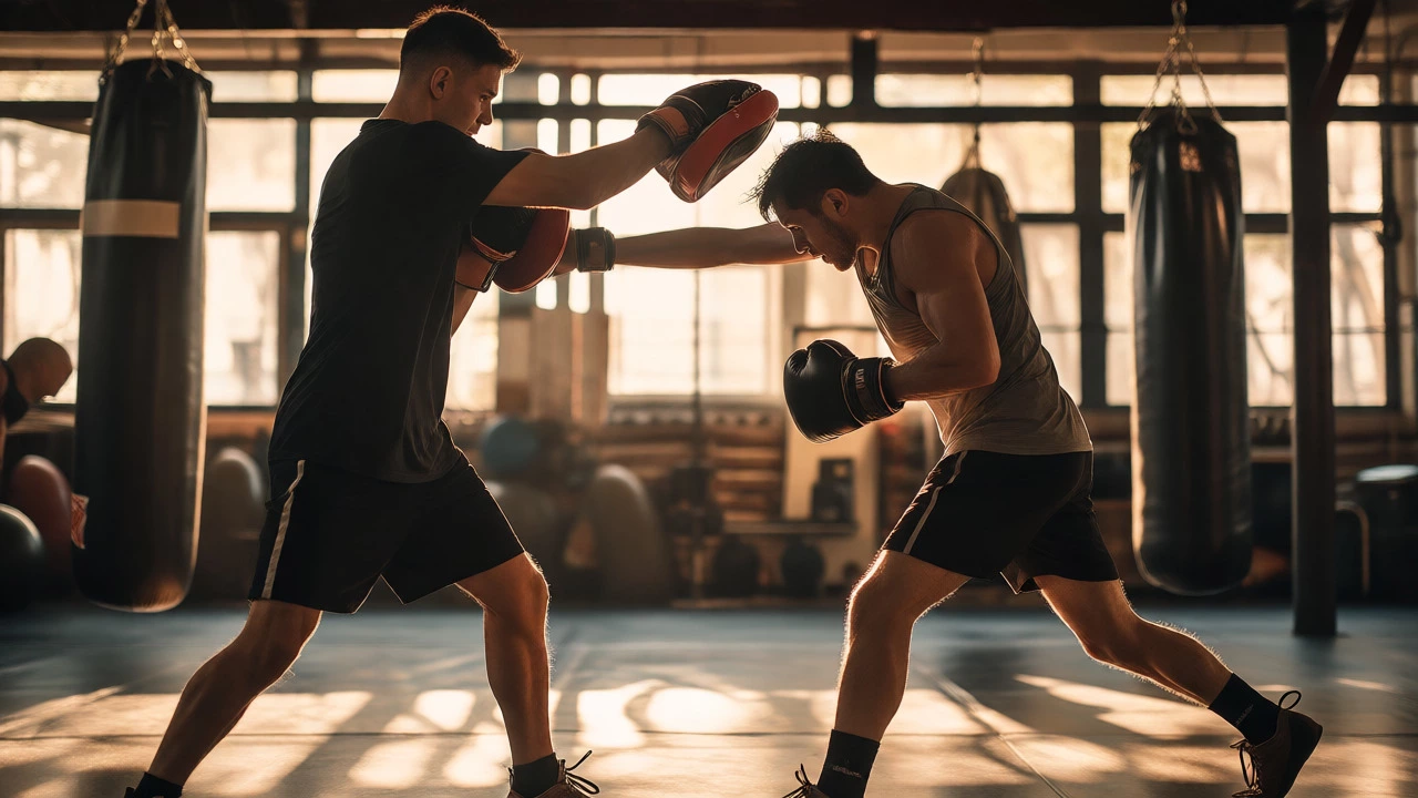 Boxer drilling a combination on focus mitts in a gym setting.