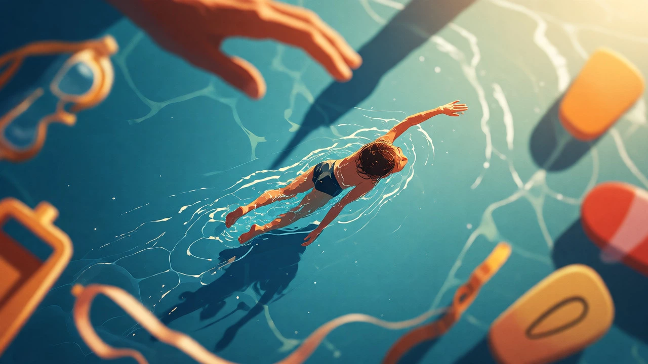 Child swimming confidently across a pool viewed from above.