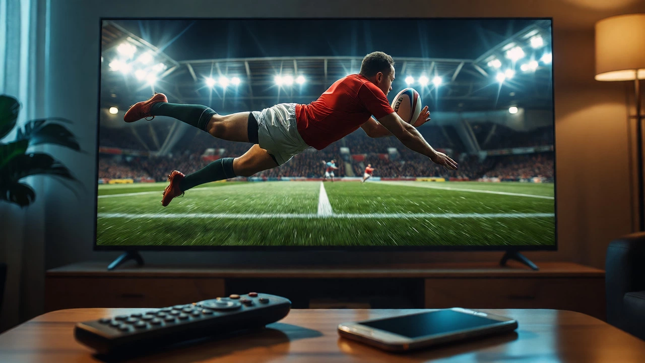 Clear view of a rugby player scoring a try on a high-definition TV screen with a remote nearby.