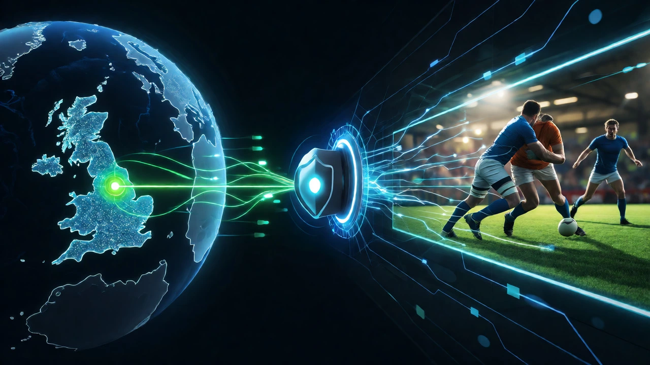 Conceptual digital tunnel connecting a UK location to a live rugby match via a secure VPN server.