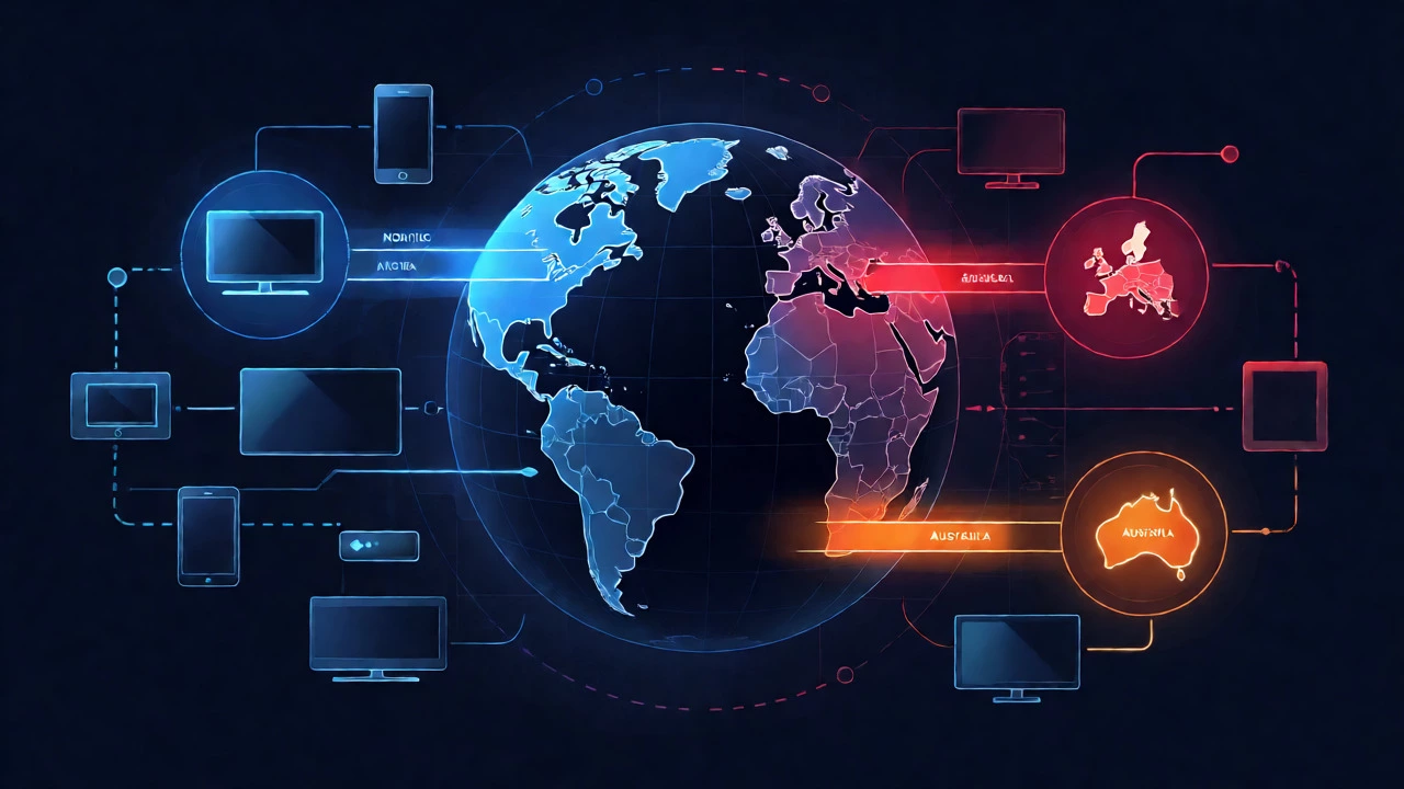 Conceptual illustration of global streaming rights and geo-blocking