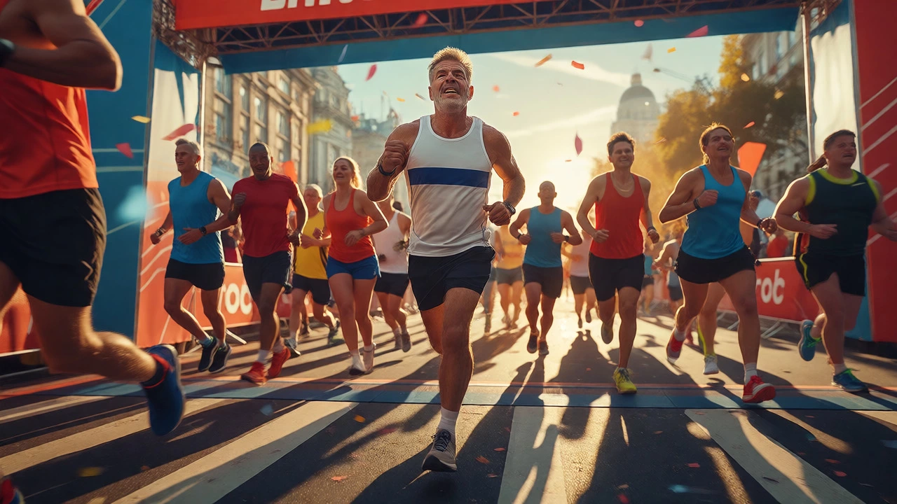 Diverse recreational runners crossing a marathon finish line