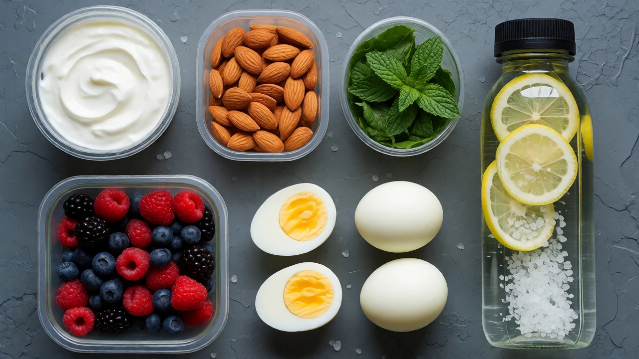 Flat lay of yogurt, nuts, eggs, and water bottle