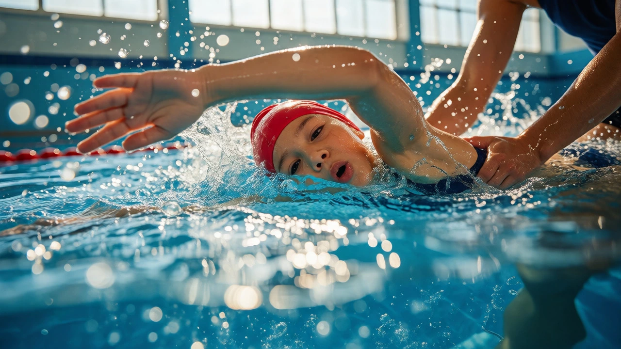 Instructor helping a young child practice freestyle strokes in a pool.