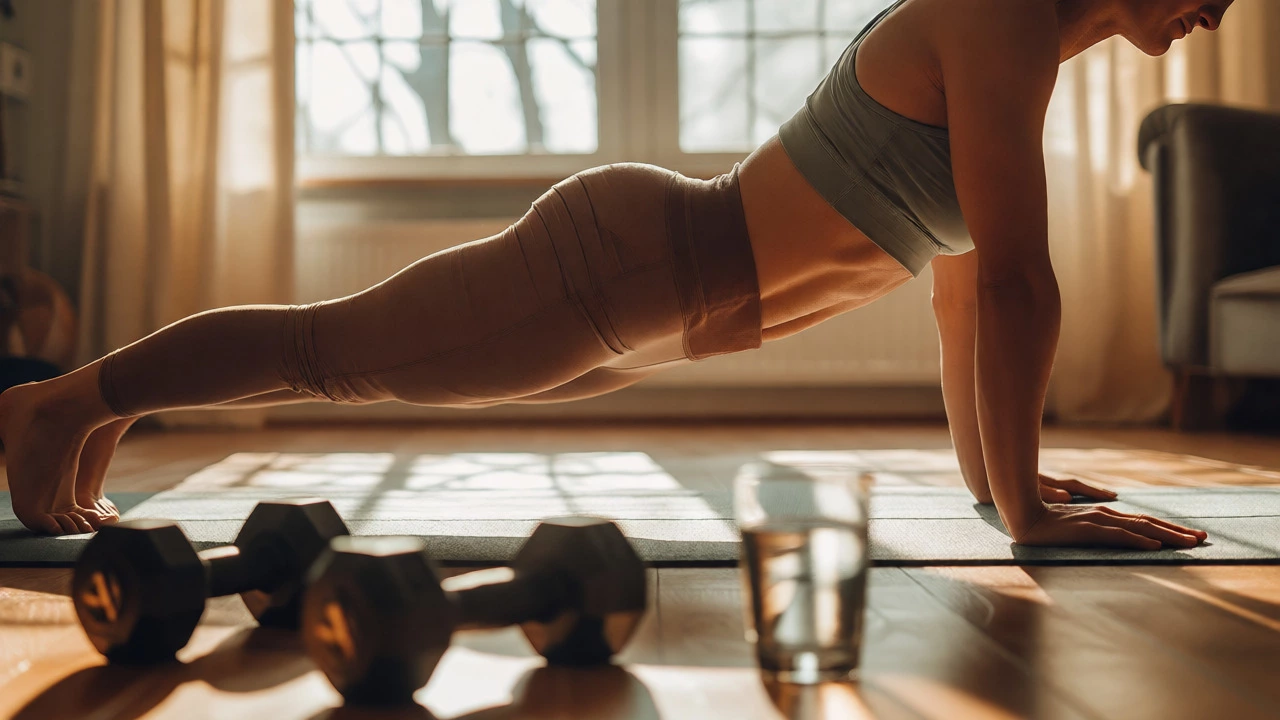 Person performing a plank exercise in a sunlit room to strengthen core muscles.