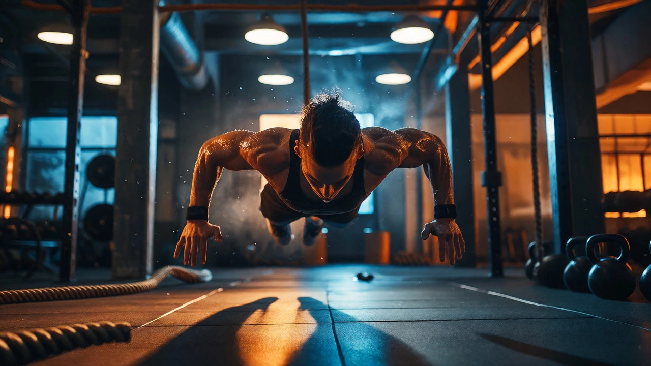 Person performing intense burpees in a gym setting