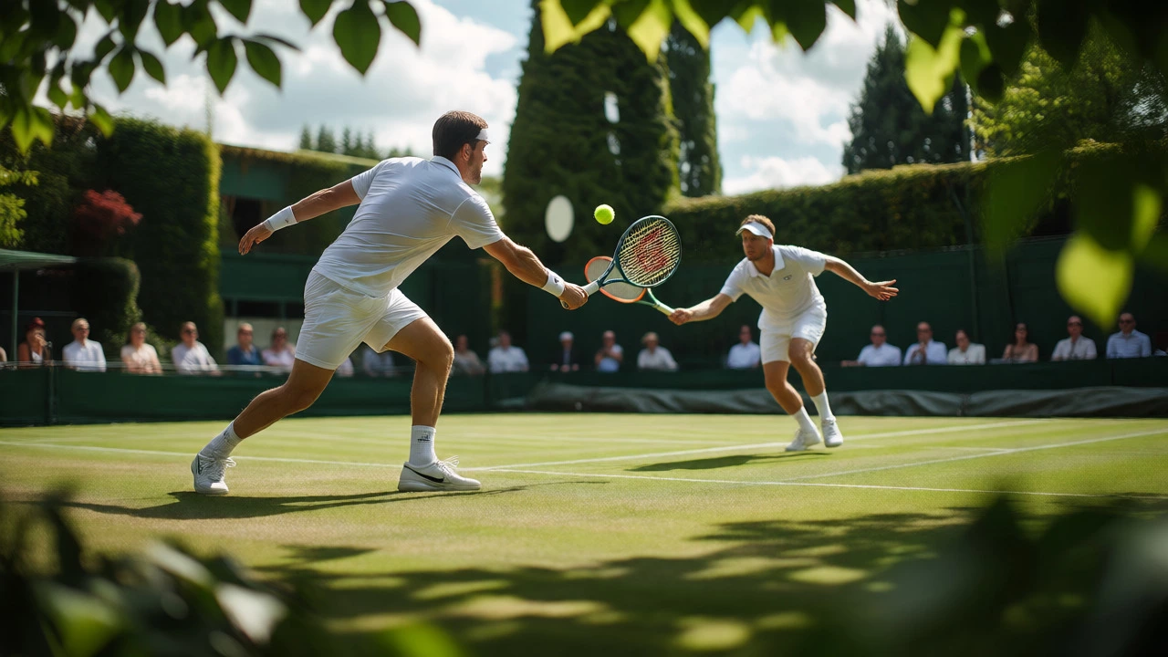 Professional tennis players rallying on a grass court at Wimbledon